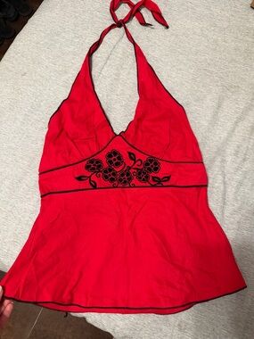 Y2K Red Halter Top with Black Floral Embroidery
